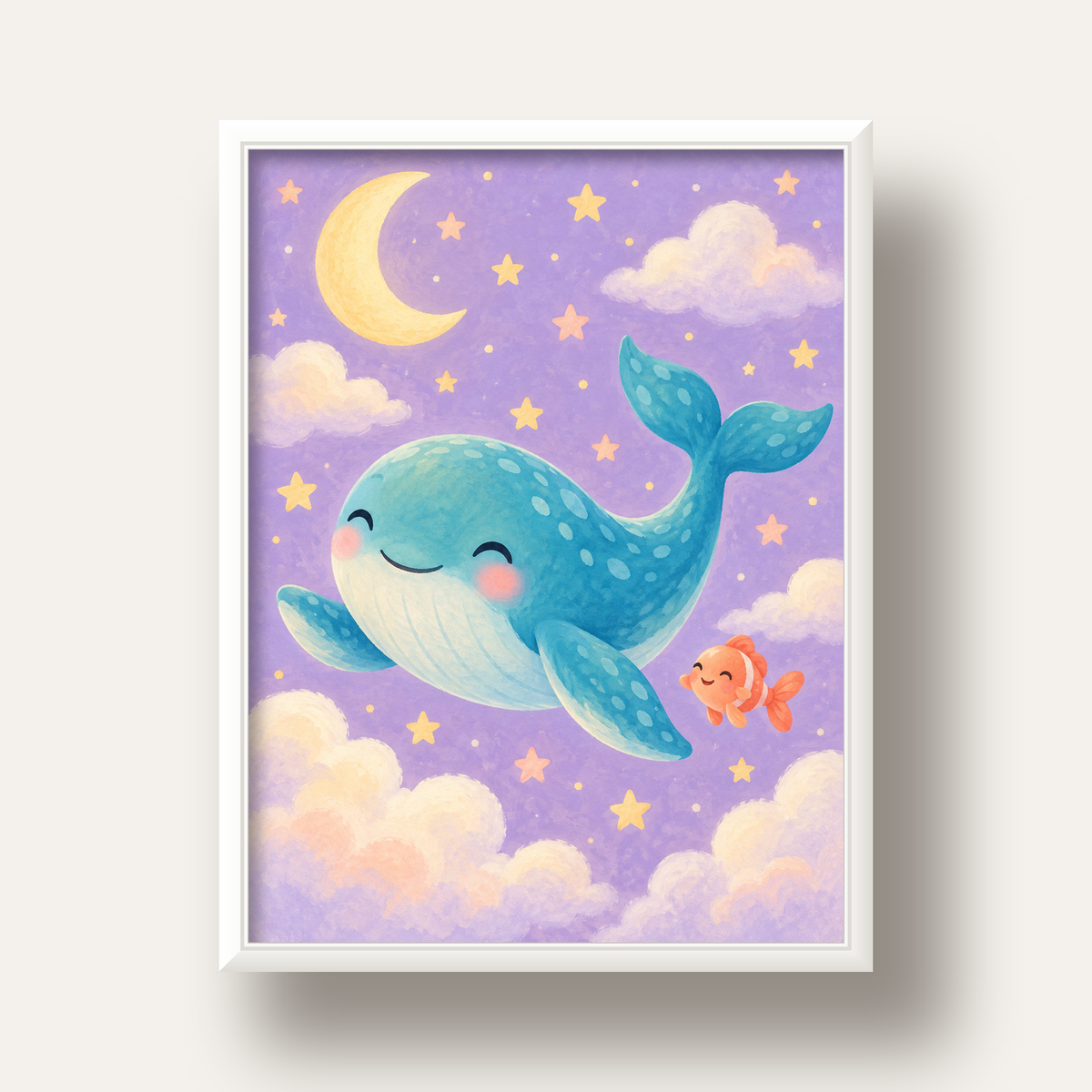 Sevimli Balina ve Gökyüzü Pastel Çocuk Odası Poster — beyaz derin çerçeveli