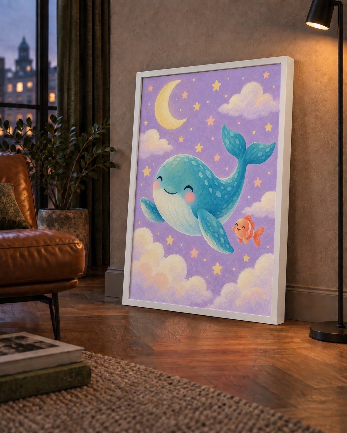 Sevimli Balina ve Gökyüzü Pastel Çocuk Odası Poster — çerçeveli hâliyle bir ev duvarında