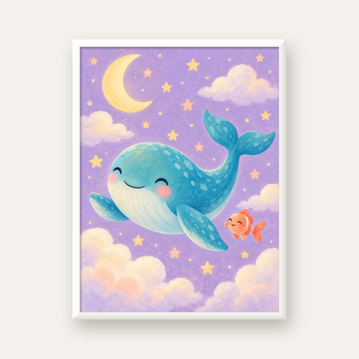 Sevimli Balina ve Gökyüzü Pastel Çocuk Odası Poster — beyaz çerçeveli dikey poster