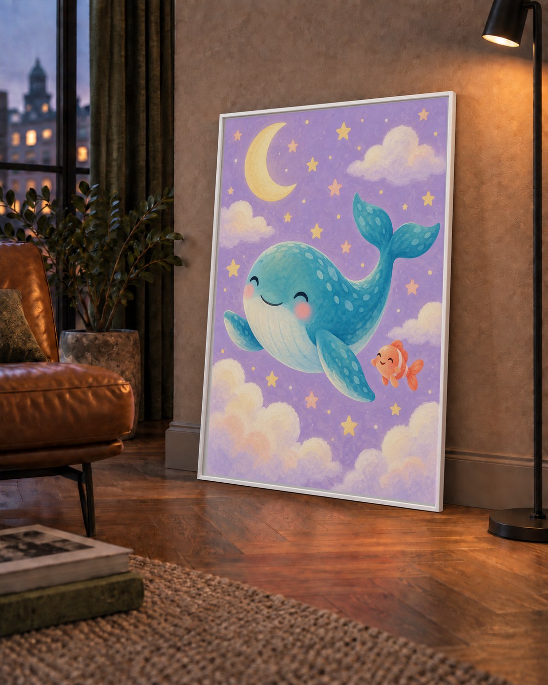 Sevimli Balina ve Gökyüzü Pastel Çocuk Odası Poster — çerçeveli hâliyle bir ev duvarında