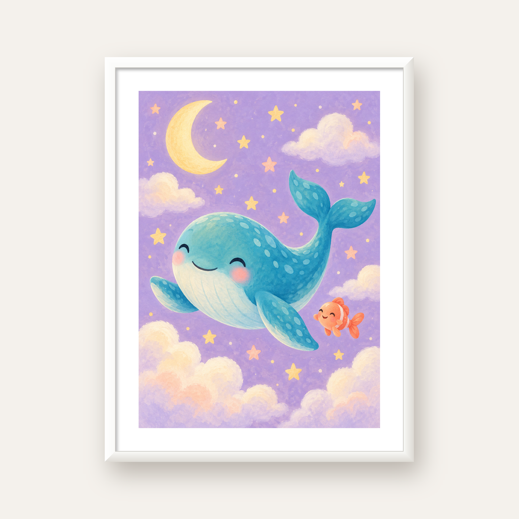 Sevimli Balina ve Gökyüzü Pastel Çocuk Odası Poster — beyaz çerçeveli dikey poster