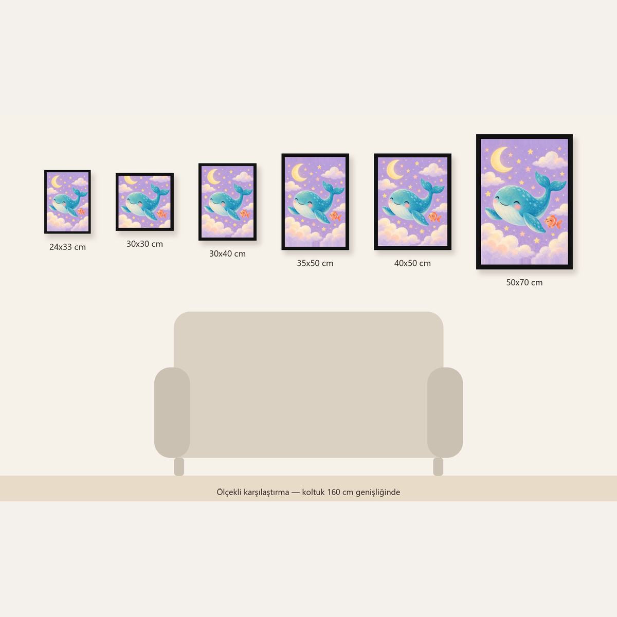 Sevimli Balina ve Gökyüzü Pastel Çocuk Odası Poster — Dikey ölçülerinin karşılaştırması
