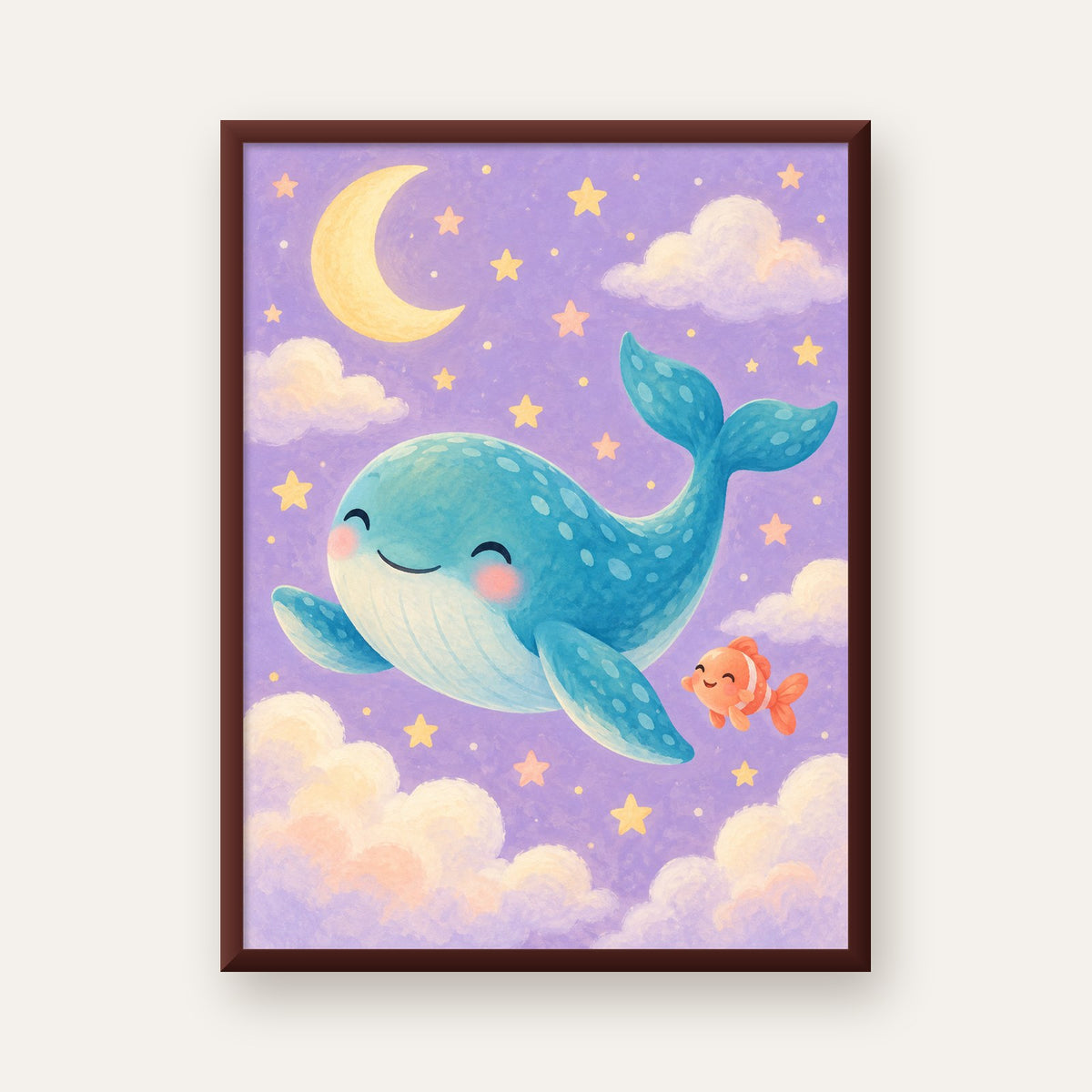 Sevimli Balina ve Gökyüzü Pastel Çocuk Odası Poster — ceviz çerçeveli