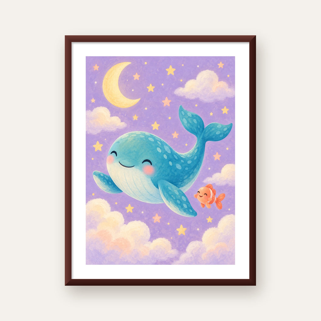 Sevimli Balina ve Gökyüzü Pastel Çocuk Odası Poster — ceviz çerçeveli paspartulu