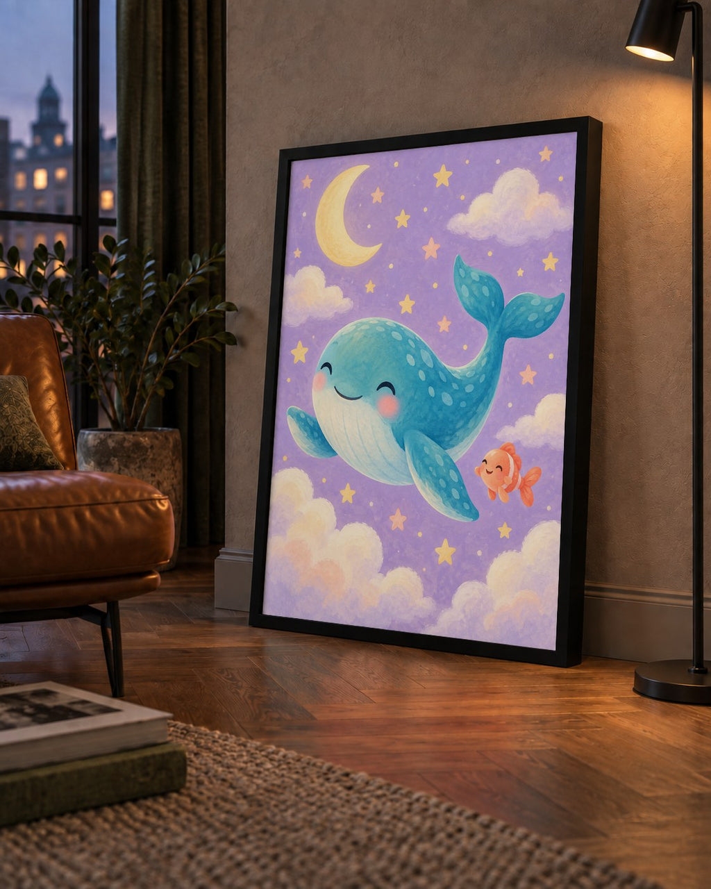 Sevimli Balina ve Gökyüzü Pastel Çocuk Odası Poster — çerçeveli hâliyle bir ev duvarında