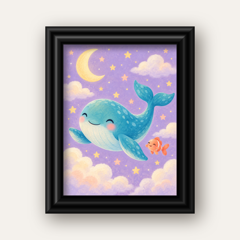 Sevimli Balina ve Gökyüzü Pastel Çocuk Odası Poster — siyah galeri çerçeveli