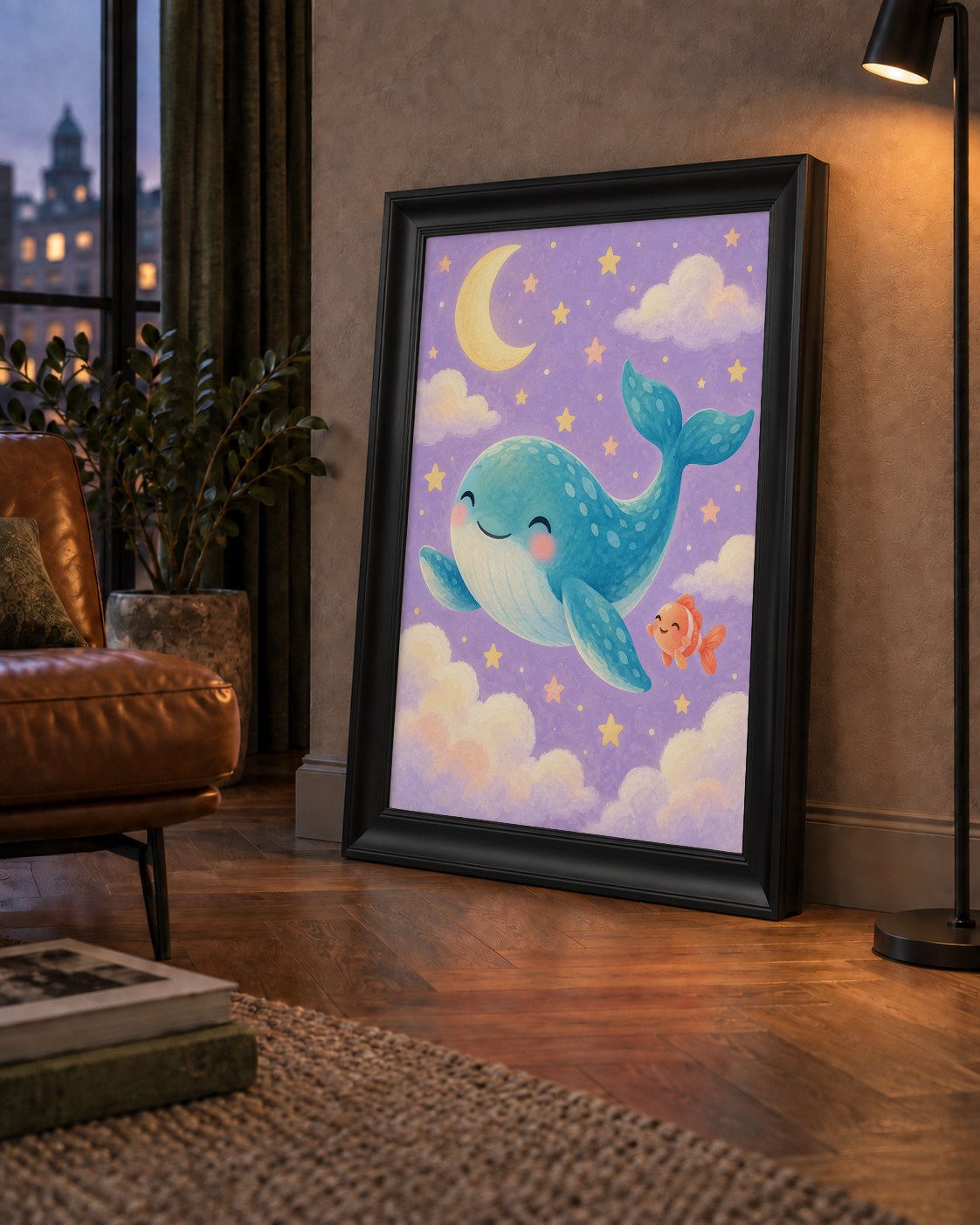 Sevimli Balina ve Gökyüzü Pastel Çocuk Odası Poster — çerçeveli hâliyle bir ev duvarında