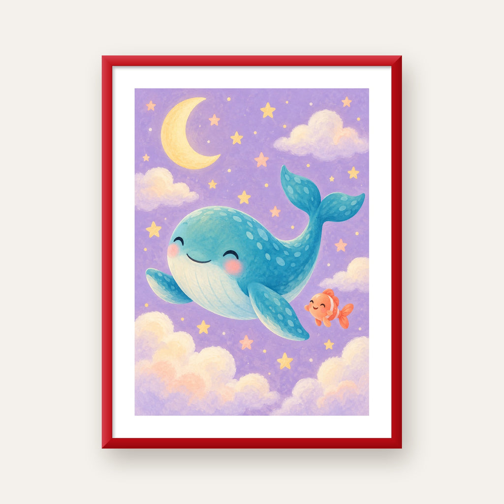 Sevimli Balina ve Gökyüzü Pastel Çocuk Odası Poster — kırmızı çerçeveli paspartulu