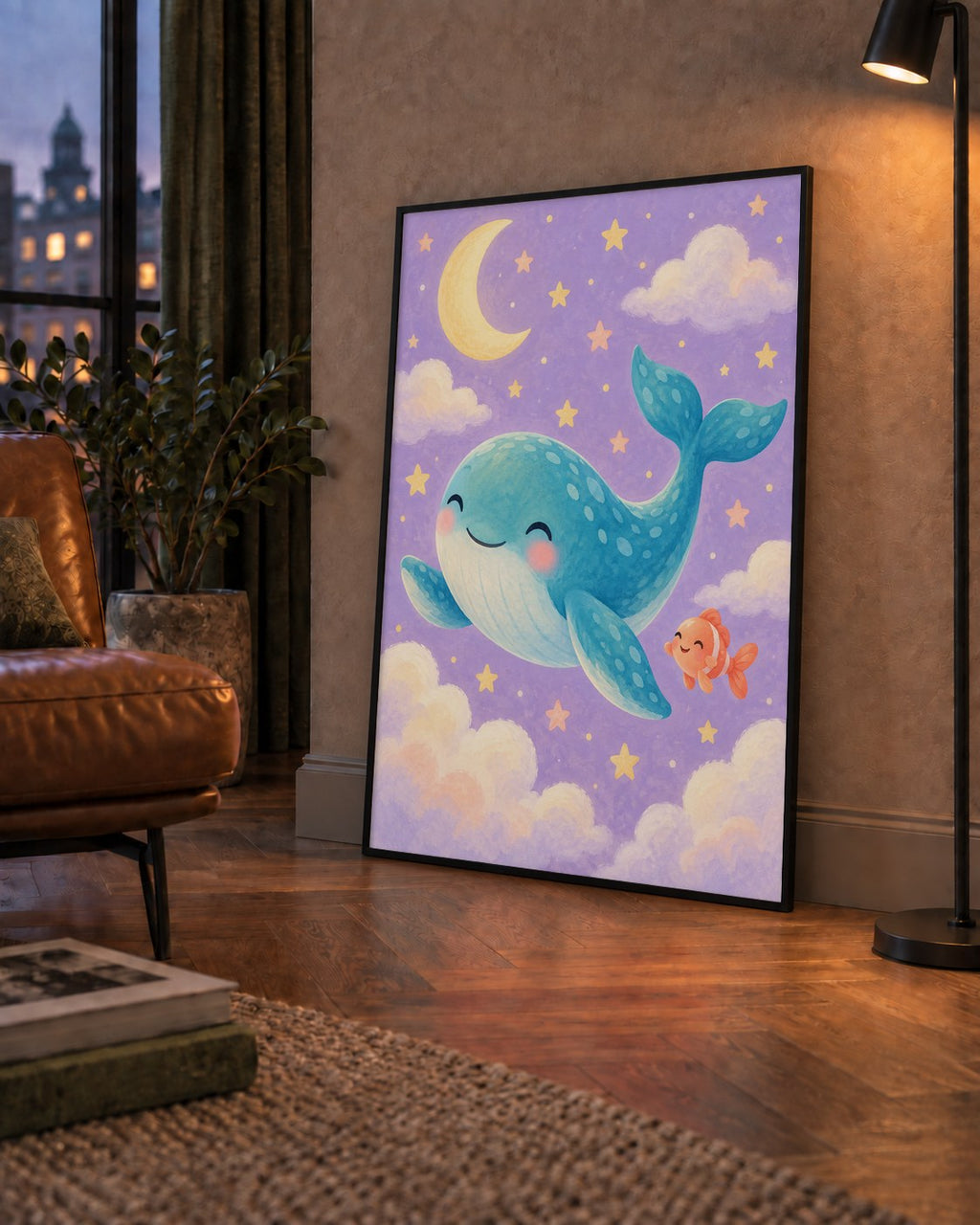 Sevimli Balina ve Gökyüzü Pastel Çocuk Odası Poster — çerçeveli hâliyle bir ev duvarında