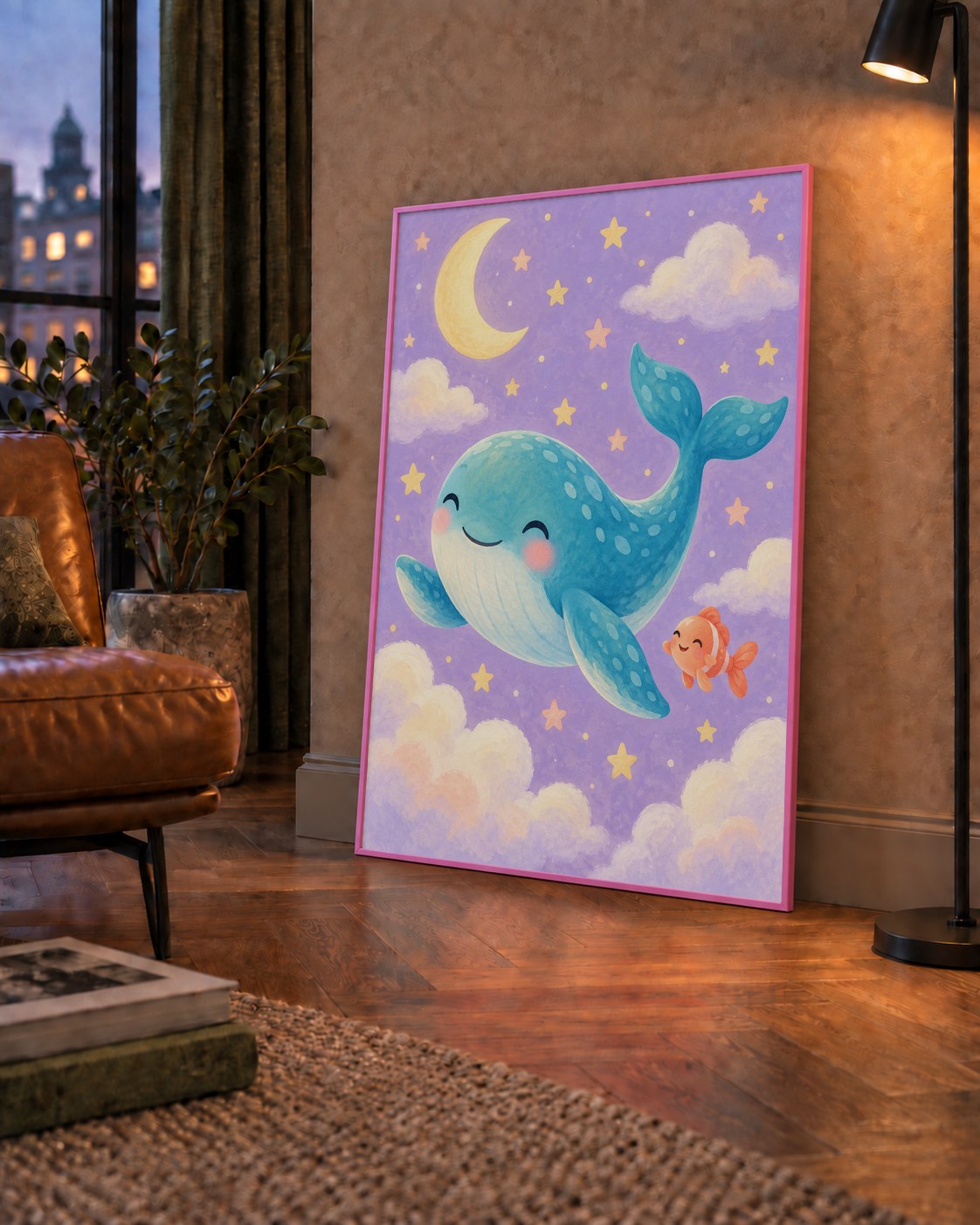 Sevimli Balina ve Gökyüzü Pastel Çocuk Odası Poster — çerçeveli hâliyle bir ev duvarında