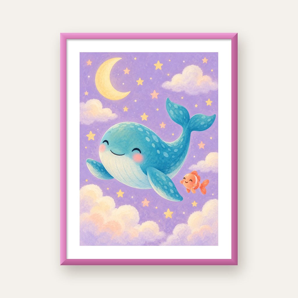 Sevimli Balina ve Gökyüzü Pastel Çocuk Odası Poster — pembe çerçeveli paspartulu