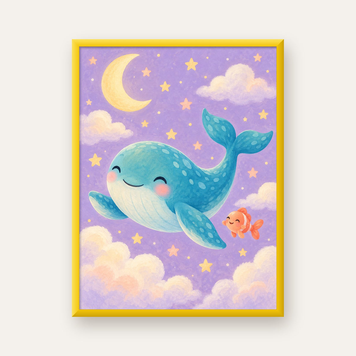 Sevimli Balina ve Gökyüzü Pastel Çocuk Odası Poster — sarı çerçeveli