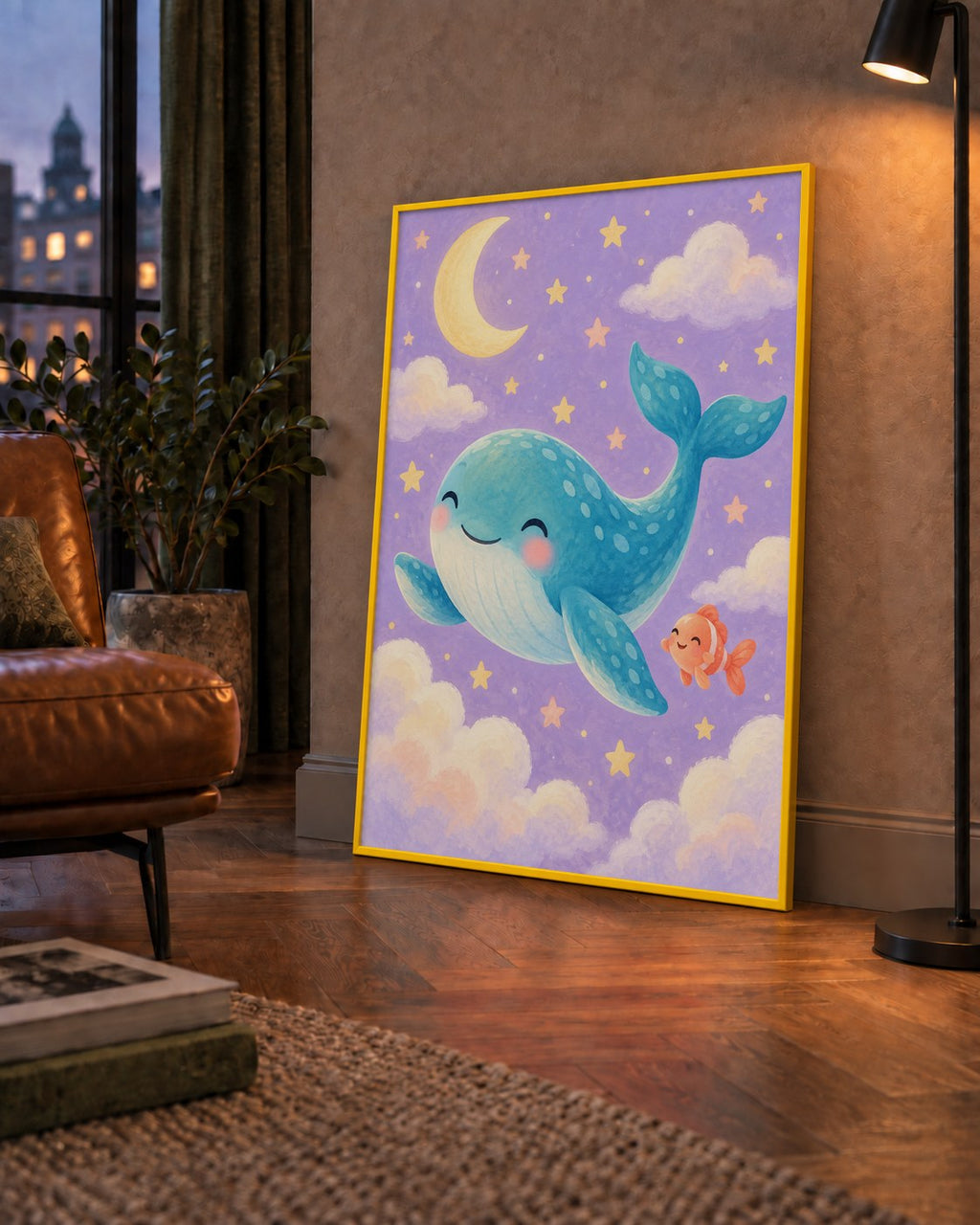 Sevimli Balina ve Gökyüzü Pastel Çocuk Odası Poster — çerçeveli hâliyle bir ev duvarında