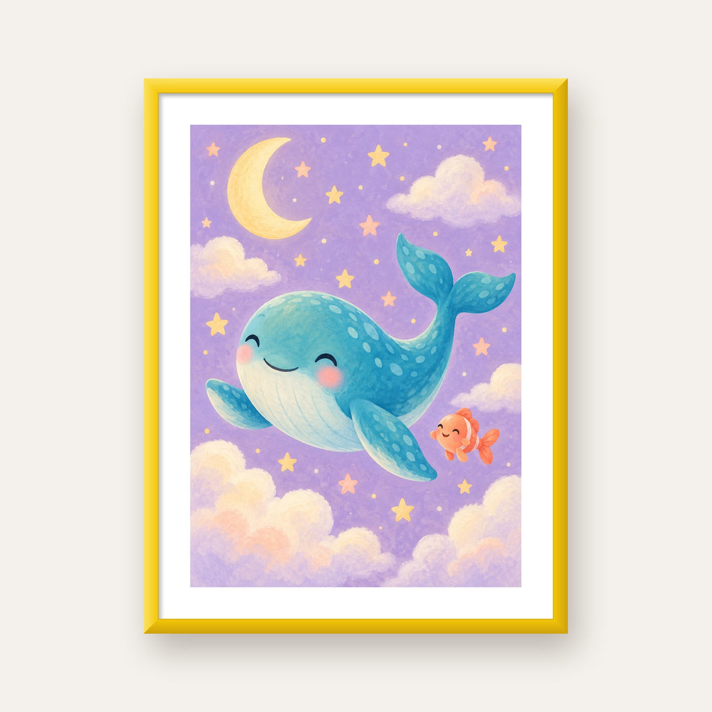 Sevimli Balina ve Gökyüzü Pastel Çocuk Odası Poster — sarı çerçeveli paspartulu
