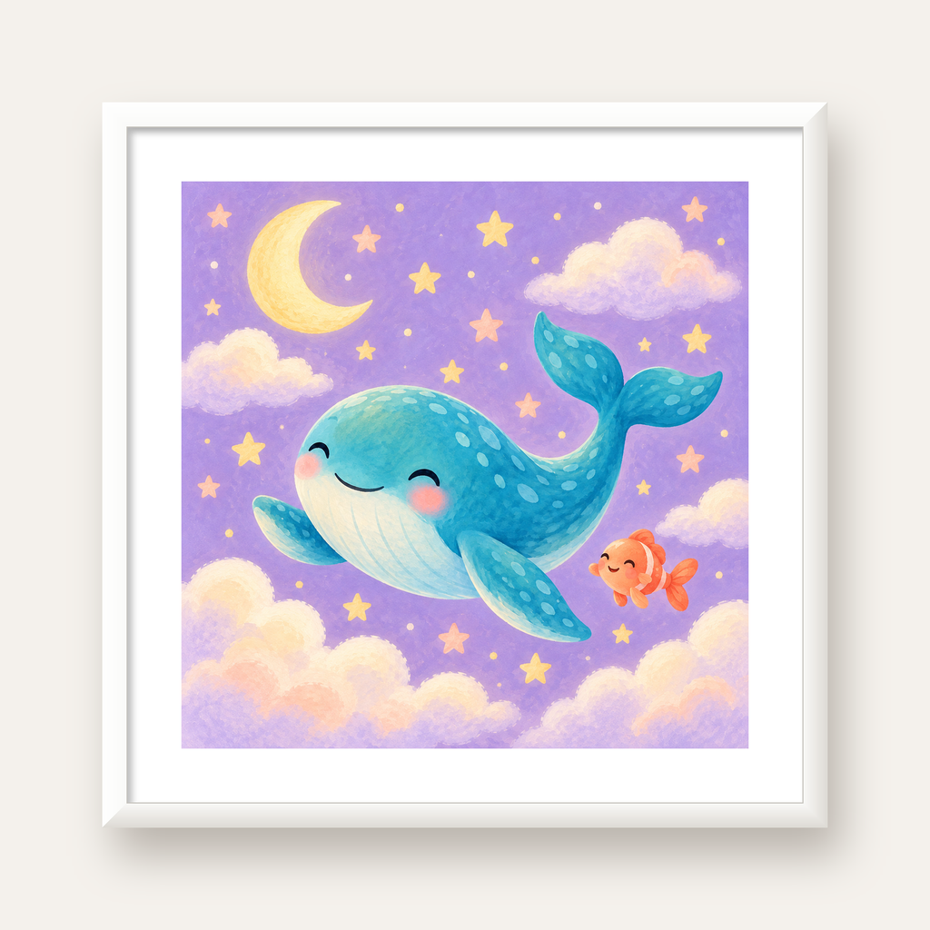 Sevimli Balina ve Gökyüzü Pastel Çocuk Odası Poster — beyaz çerçeveli kare poster