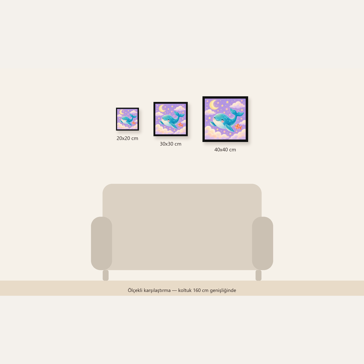 Sevimli Balina ve Gökyüzü Pastel Çocuk Odası Poster — Kare ölçülerinin karşılaştırması