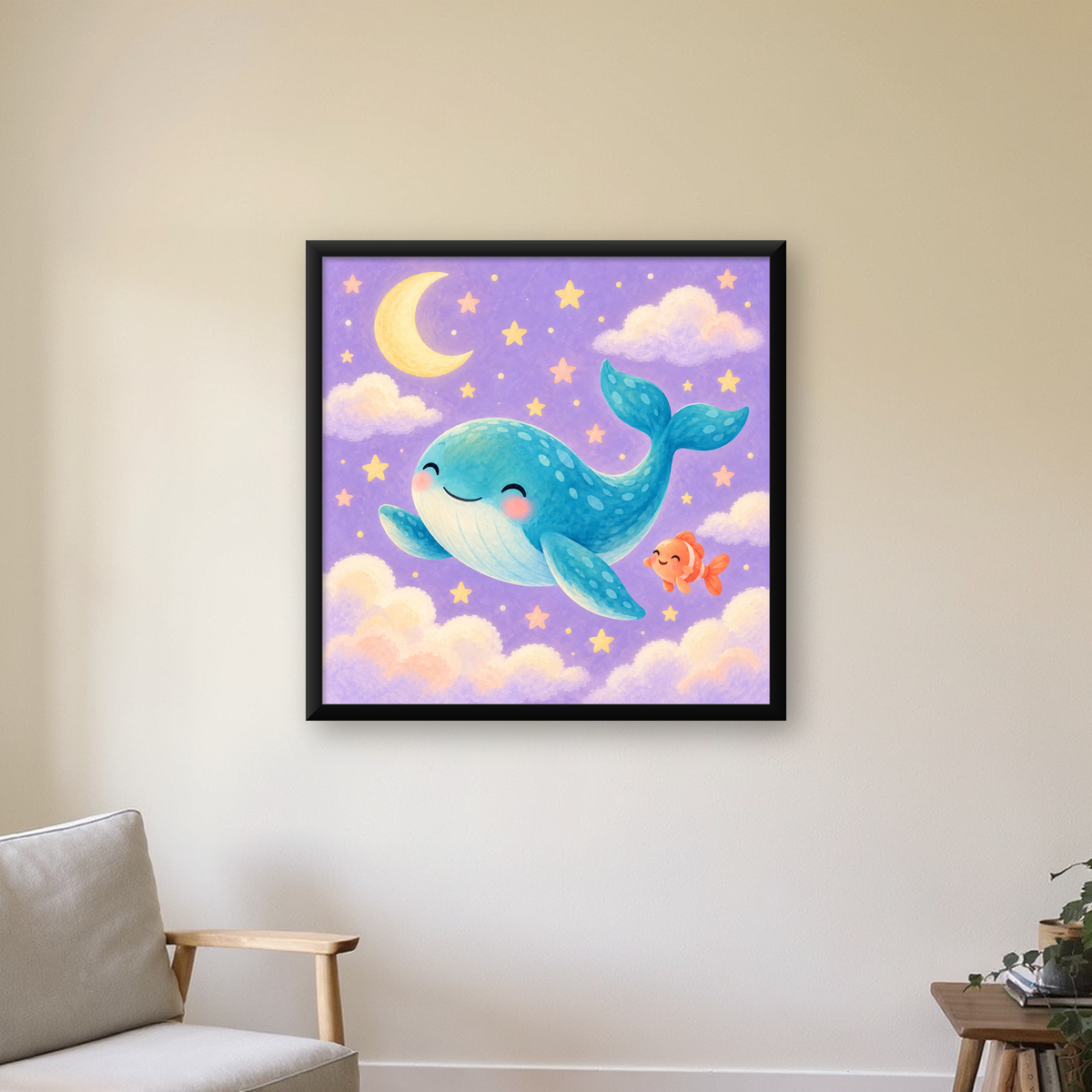 Sevimli Balina ve Gökyüzü Pastel Çocuk Odası Poster — Kare baskı, çerçeveli hâliyle bir ev duvarında