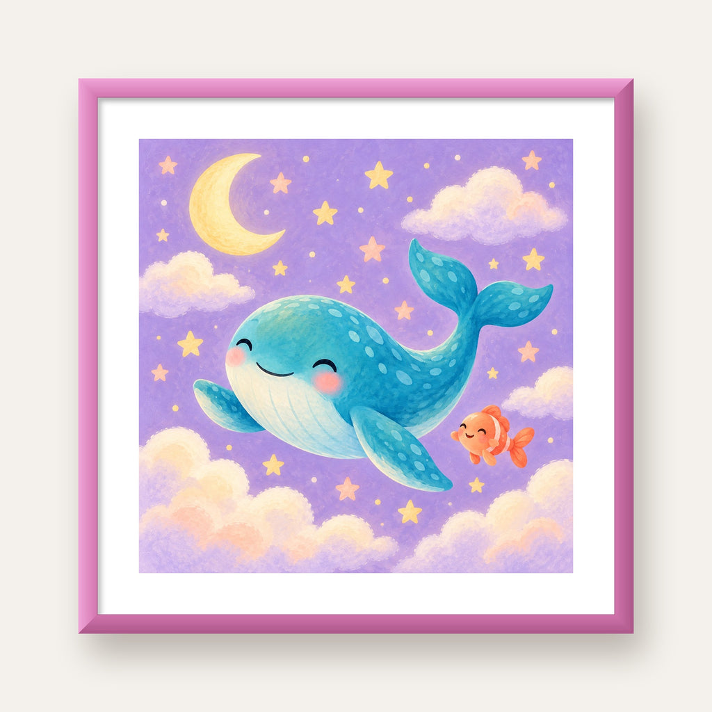 Sevimli Balina ve Gökyüzü Pastel Çocuk Odası Poster — pembe çerçeveli paspartulu