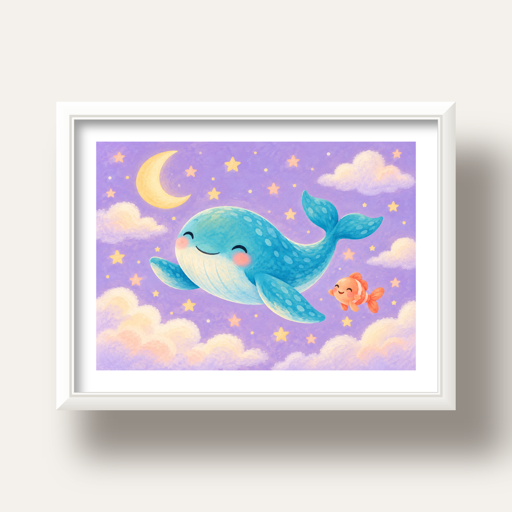 Sevimli Balina ve Gökyüzü Pastel Çocuk Odası Poster — beyaz derin çerçeveli paspartulu