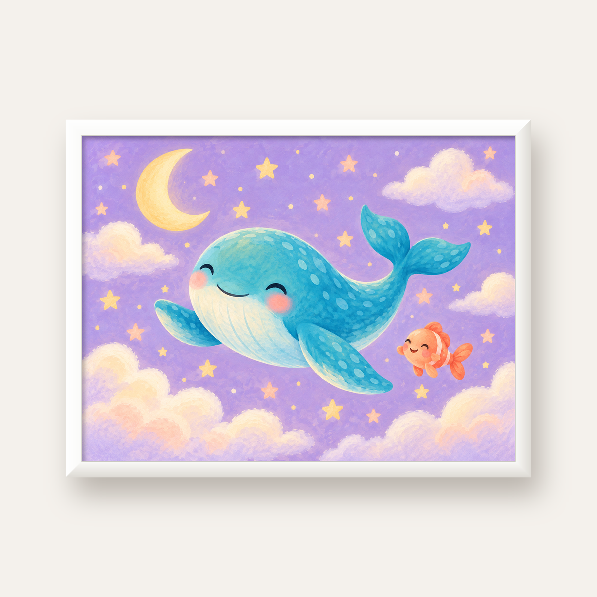 Sevimli Balina ve Gökyüzü Pastel Çocuk Odası Poster — beyaz çerçeveli yatay poster