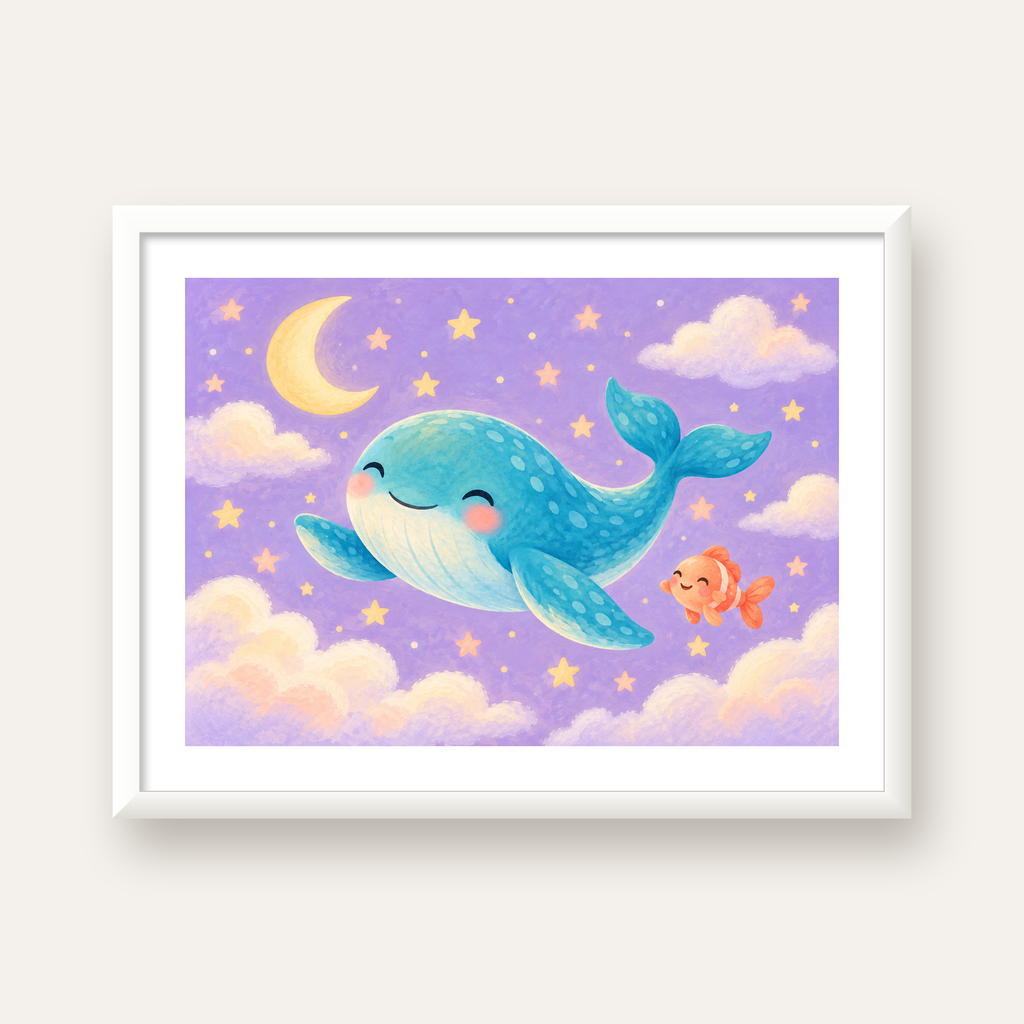 Sevimli Balina ve Gökyüzü Pastel Çocuk Odası Poster — beyaz çerçeveli yatay poster