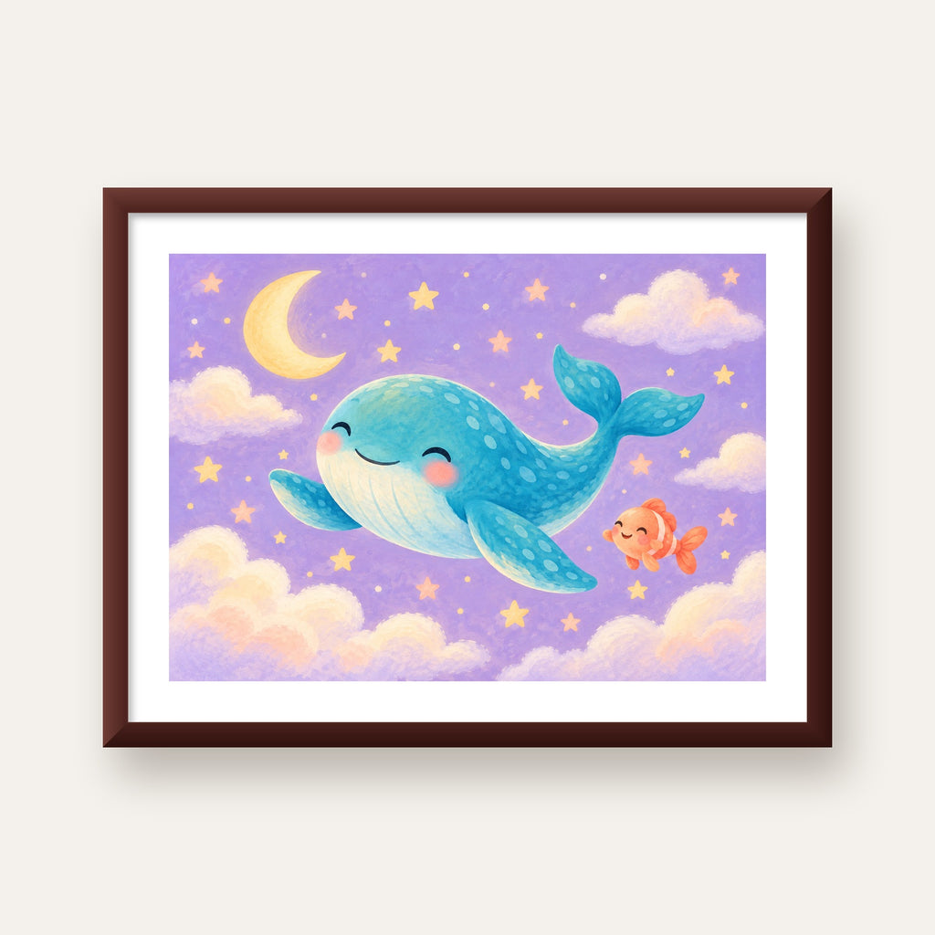 Sevimli Balina ve Gökyüzü Pastel Çocuk Odası Poster — ceviz çerçeveli paspartulu
