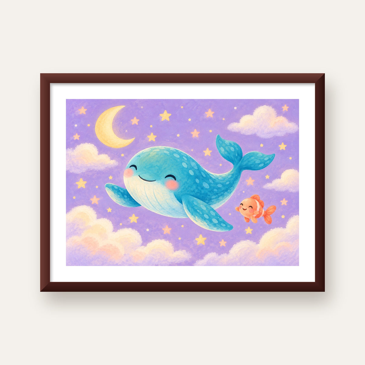 Sevimli Balina ve Gökyüzü Pastel Çocuk Odası Poster — ceviz çerçeveli paspartulu