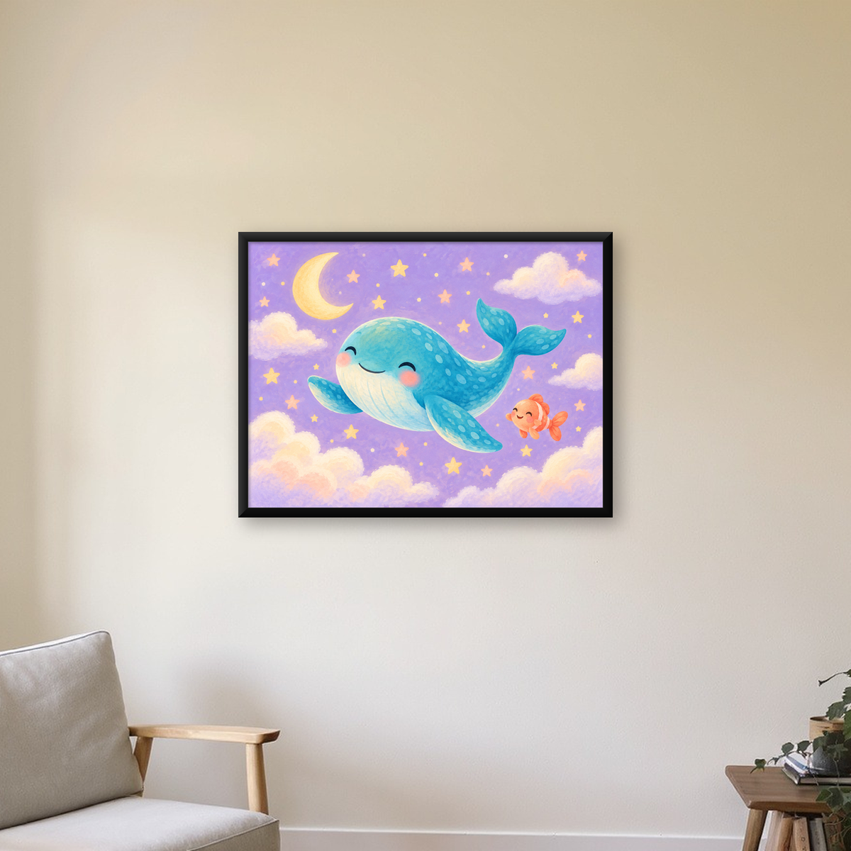 Sevimli Balina ve Gökyüzü Pastel Çocuk Odası Poster — Yatay baskı, çerçeveli hâliyle bir ev duvarında