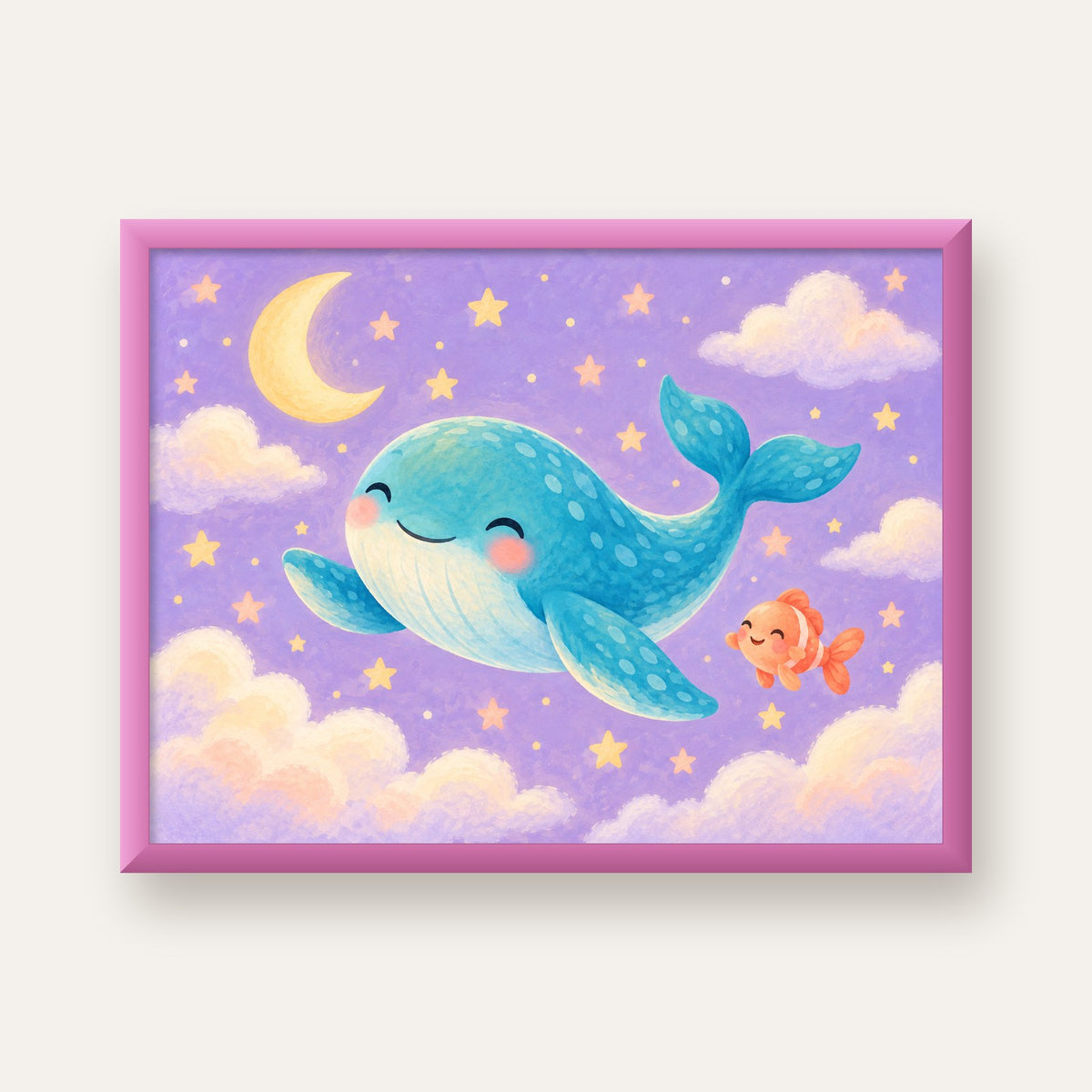 Sevimli Balina ve Gökyüzü Pastel Çocuk Odası Poster — pembe çerçeveli