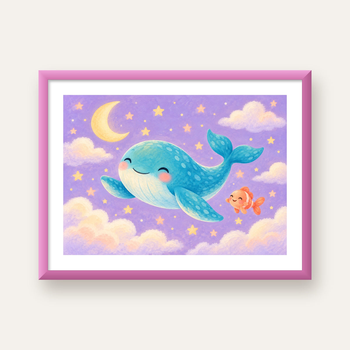 Sevimli Balina ve Gökyüzü Pastel Çocuk Odası Poster — pembe çerçeveli paspartulu