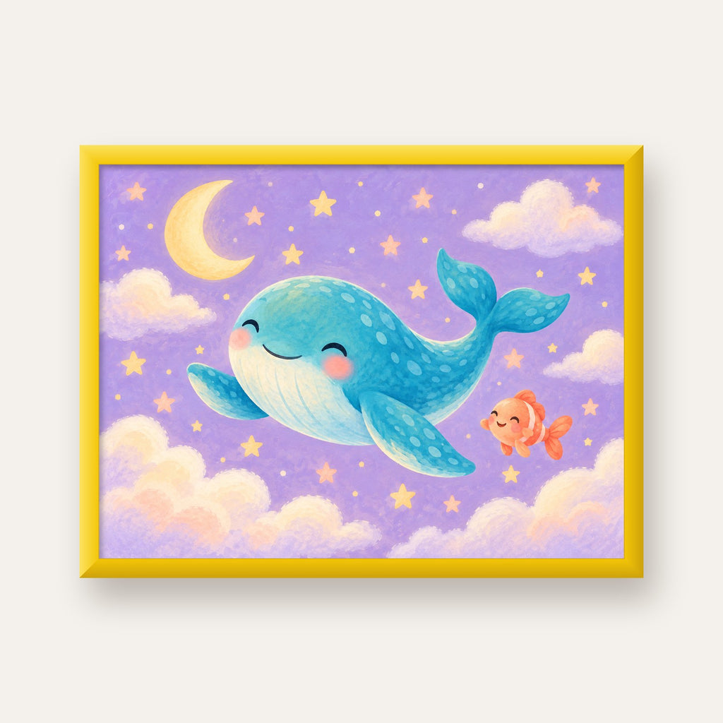 Sevimli Balina ve Gökyüzü Pastel Çocuk Odası Poster — sarı çerçeveli