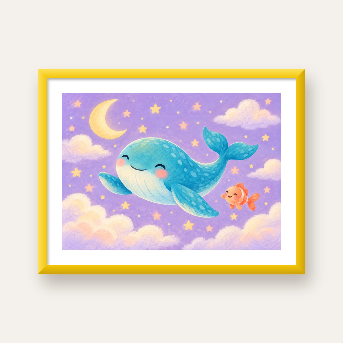 Sevimli Balina ve Gökyüzü Pastel Çocuk Odası Poster — sarı çerçeveli paspartulu