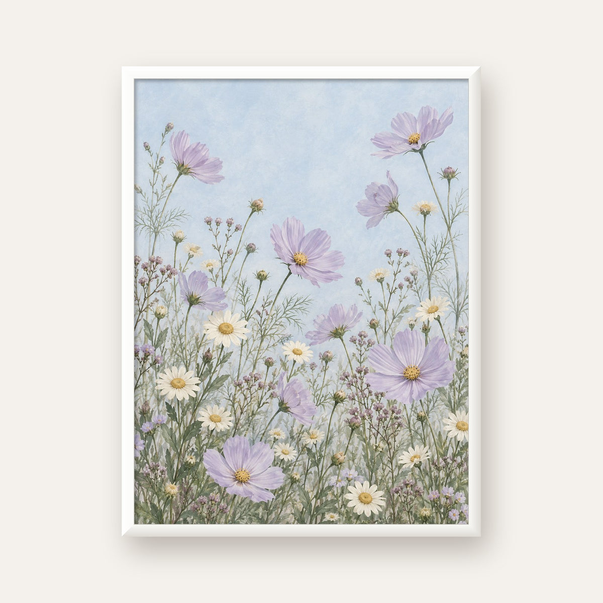 Açık Mor Kır Çiçekleri Pastel Suluboya Poster — beyaz çerçeveli dikey poster