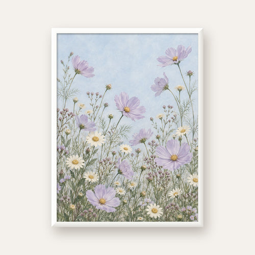 Açık Mor Kır Çiçekleri Pastel Suluboya Poster — beyaz çerçeveli dikey poster