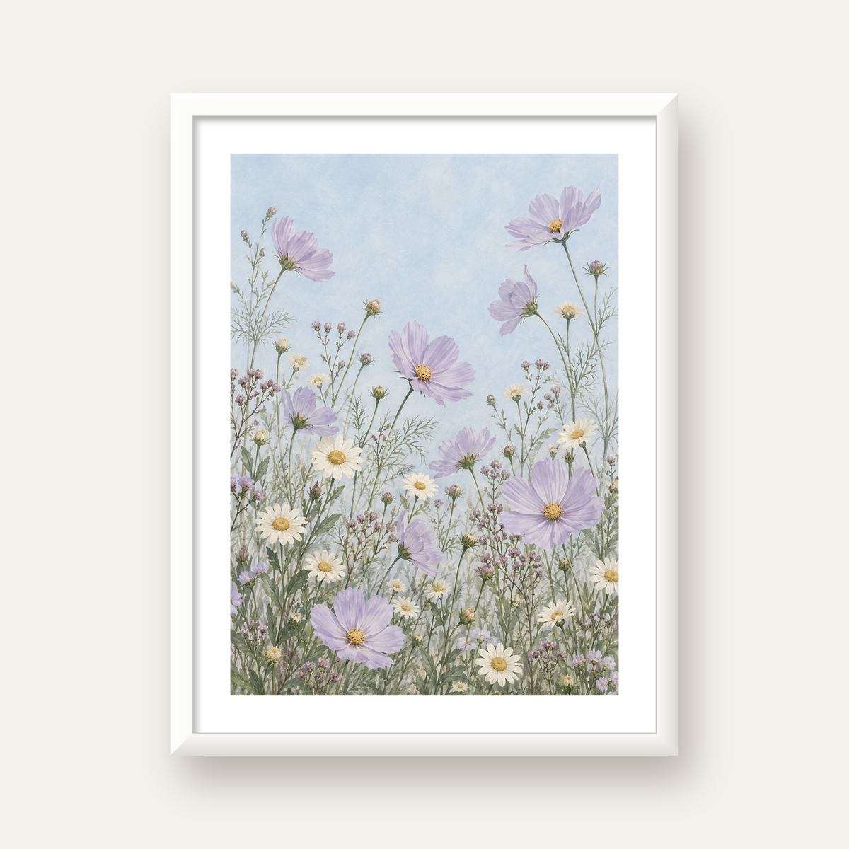 Açık Mor Kır Çiçekleri Pastel Suluboya Poster — beyaz çerçeveli dikey poster