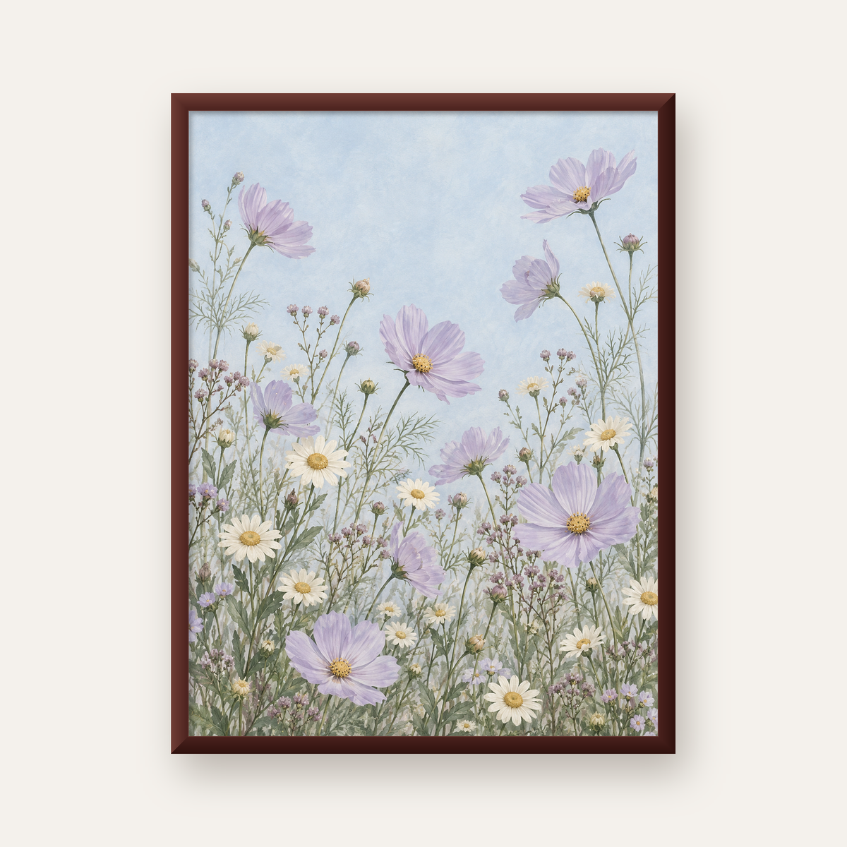 Açık Mor Kır Çiçekleri Pastel Suluboya Poster — ceviz çerçeveli