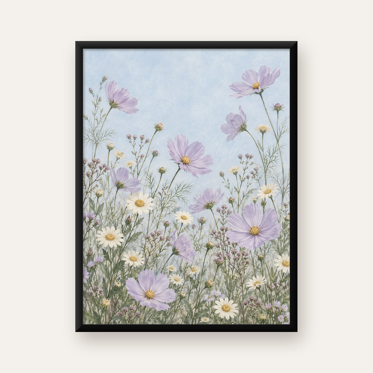 Açık Mor Kır Çiçekleri Pastel Suluboya Poster — Dikey baskı, düz siyah çerçeveli duvar posteri
