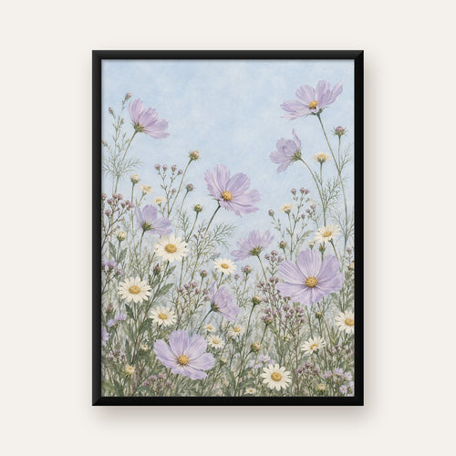 Açık Mor Kır Çiçekleri Pastel Suluboya Poster — Dikey baskı, düz siyah çerçeveli duvar posteri