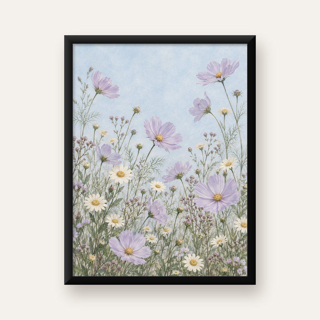 Açık Mor Kır Çiçekleri Pastel Suluboya Poster — Dikey baskı, düz siyah çerçeveli duvar posteri