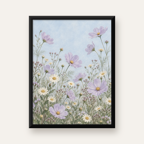 Açık Mor Kır Çiçekleri Pastel Suluboya Poster — Dikey baskı, düz siyah çerçeveli duvar posteri
