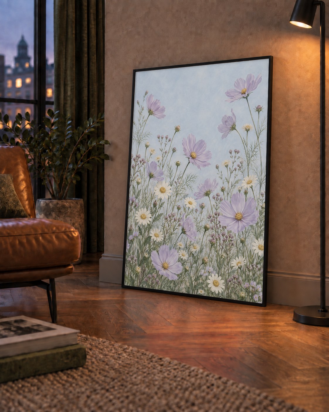 Açık Mor Kır Çiçekleri Pastel Suluboya Poster — çerçeveli hâliyle bir ev duvarında