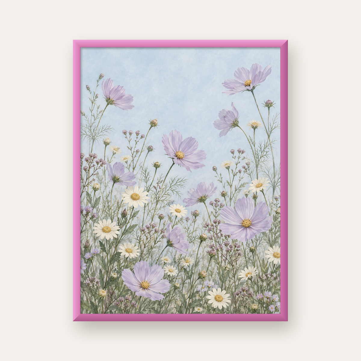 Açık Mor Kır Çiçekleri Pastel Suluboya Poster — pembe çerçeveli