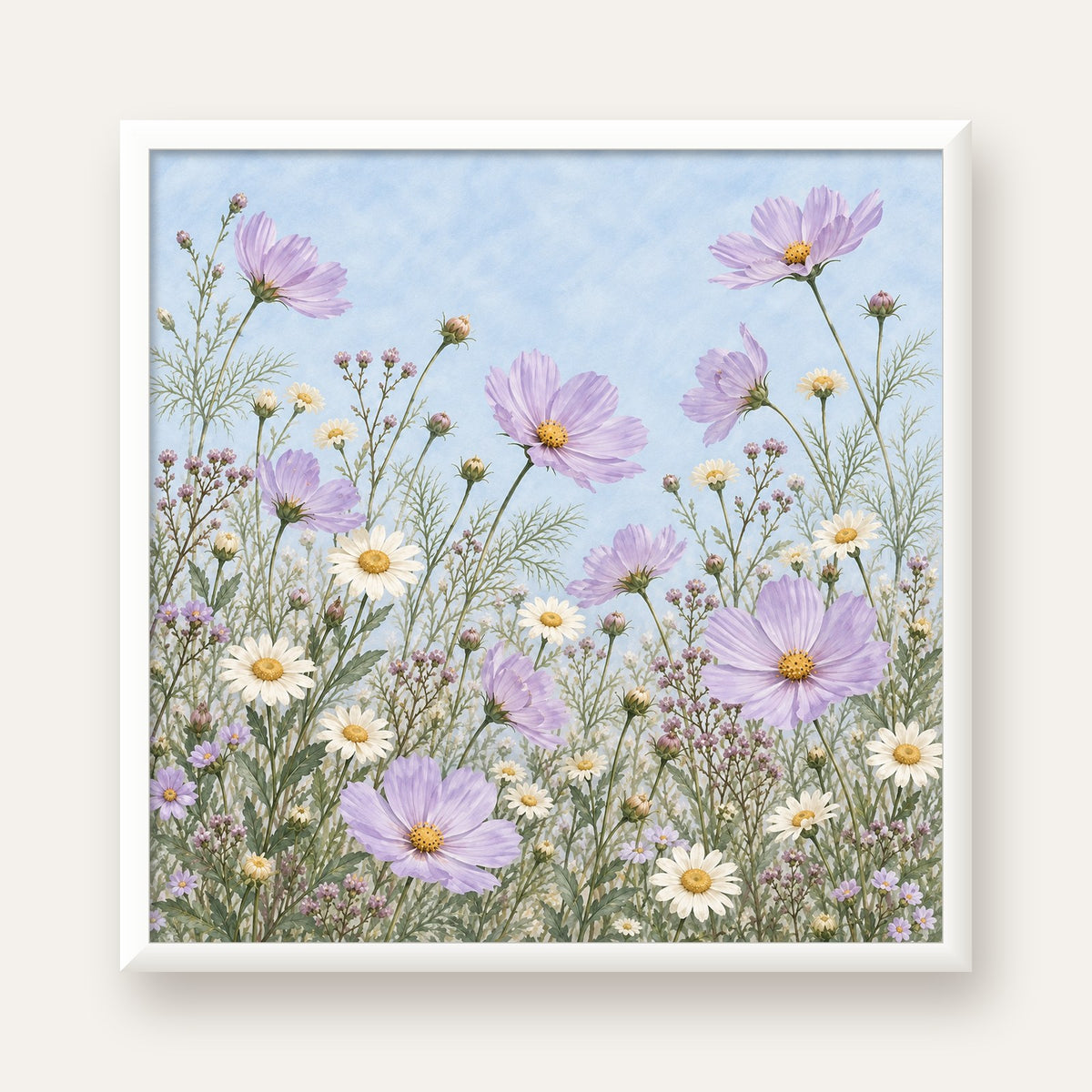 Açık Mor Kır Çiçekleri Pastel Suluboya Poster — beyaz çerçeveli kare poster