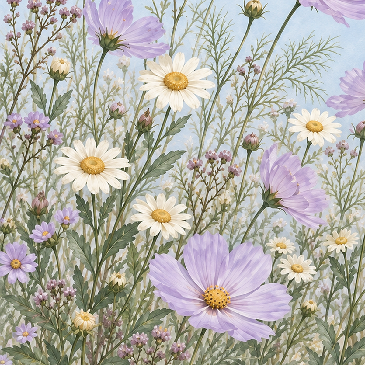 Açık Mor Kır Çiçekleri Pastel Suluboya Poster — baskının yakın çekimi, kâğıt dokusu ve renk detayı