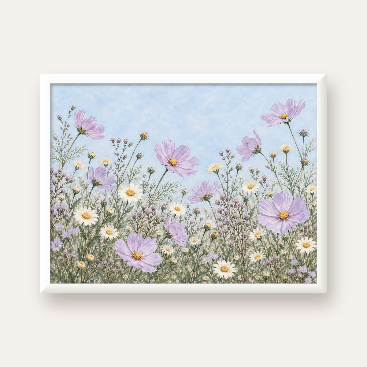 Açık Mor Kır Çiçekleri Pastel Suluboya Poster — beyaz çerçeveli yatay poster
