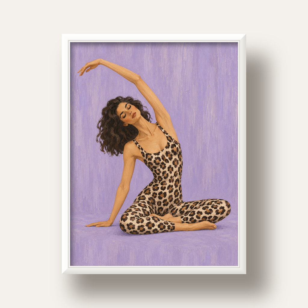 Lila Leopar Desenli Yoga Yapan Kadın Poster — beyaz derin çerçeveli