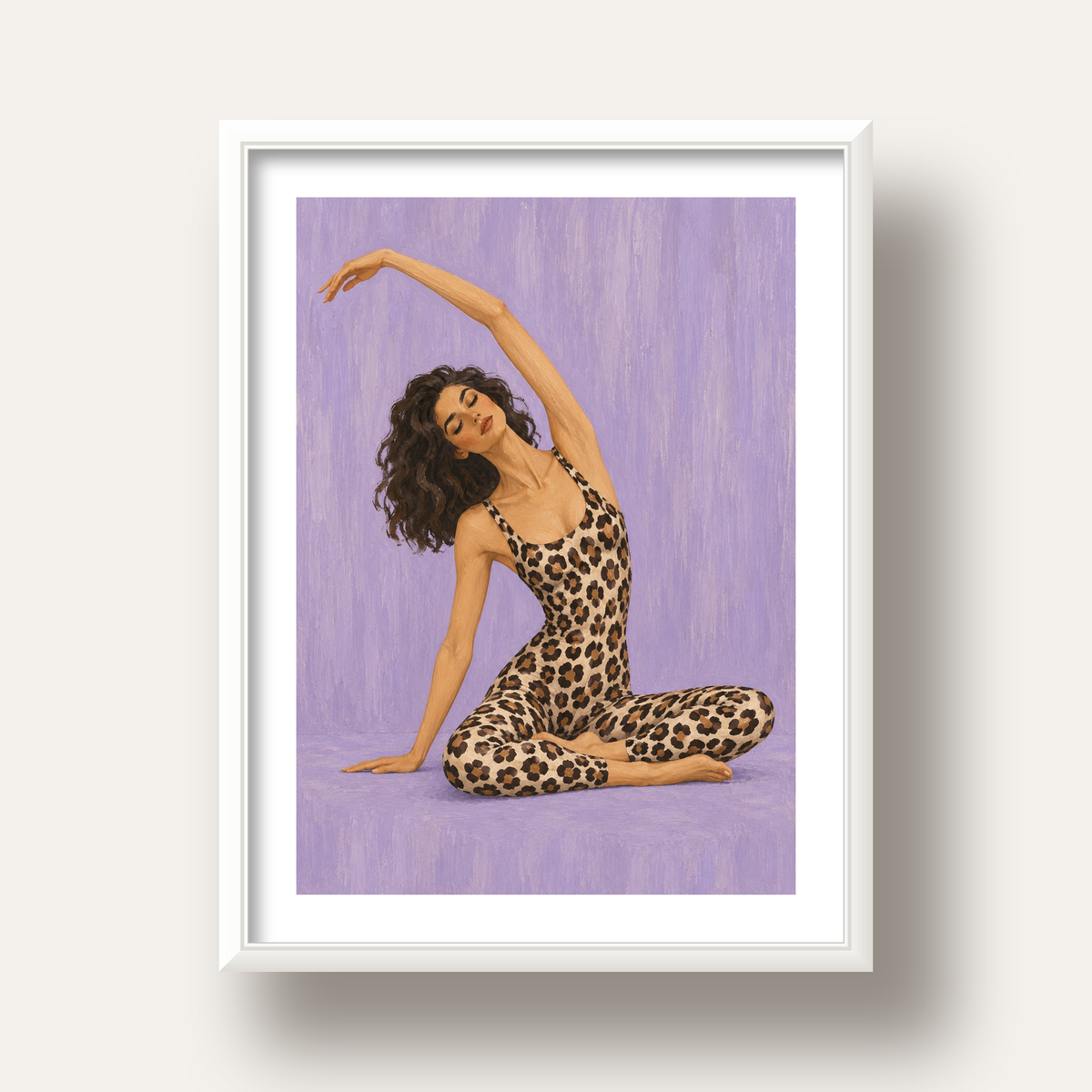 Lila Leopar Desenli Yoga Yapan Kadın Poster — beyaz derin çerçeveli paspartulu