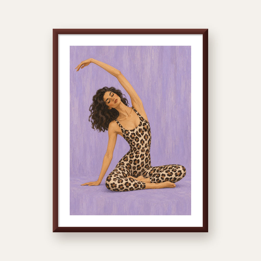 Lila Leopar Desenli Yoga Yapan Kadın Poster — ceviz çerçeveli paspartulu