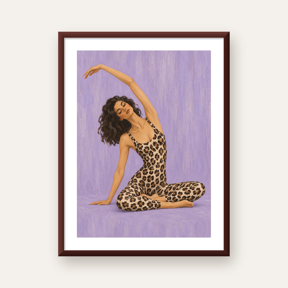 Lila Leopar Desenli Yoga Yapan Kadın Poster — ceviz çerçeveli paspartulu