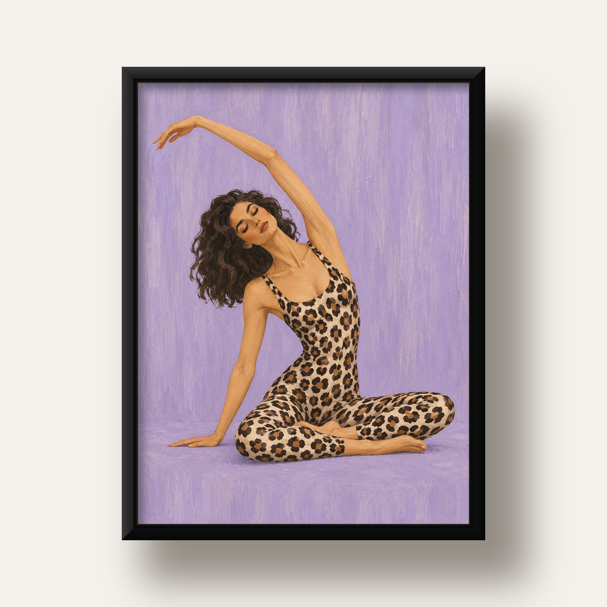 Lila Leopar Desenli Yoga Yapan Kadın Poster — siyah derin çerçeveli